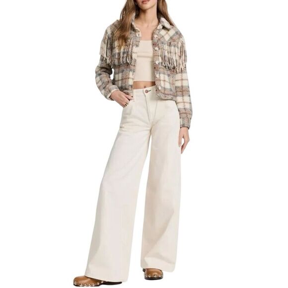 BLANK NYC Jacket WMNS L Beige Wool Blend Plaid Take Note Fringe Cropped Western - Picture 16 of 16